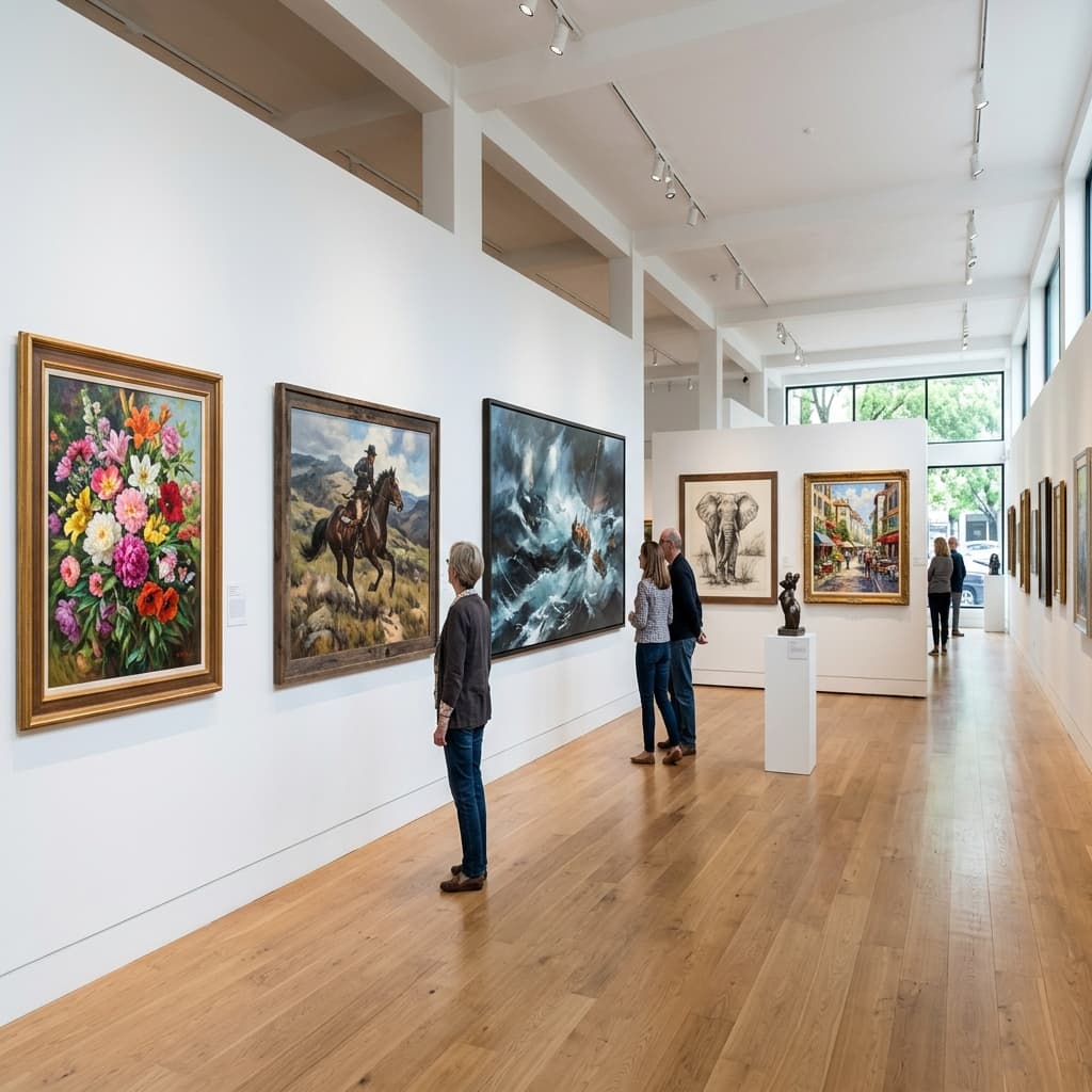 Visitors in the gallery's main hall, works hung along a lit wall