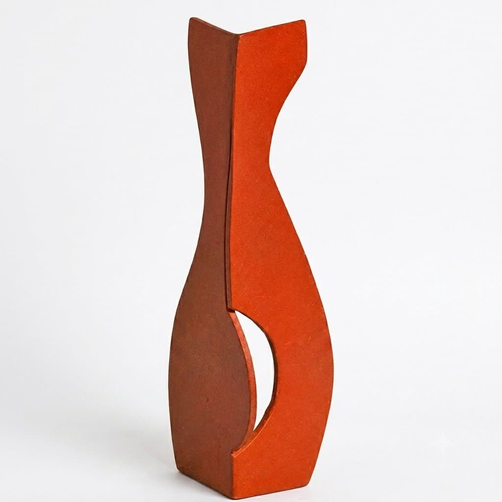 Abstract standing sculpture in oxidised red by Hamiduzzaman Khan
